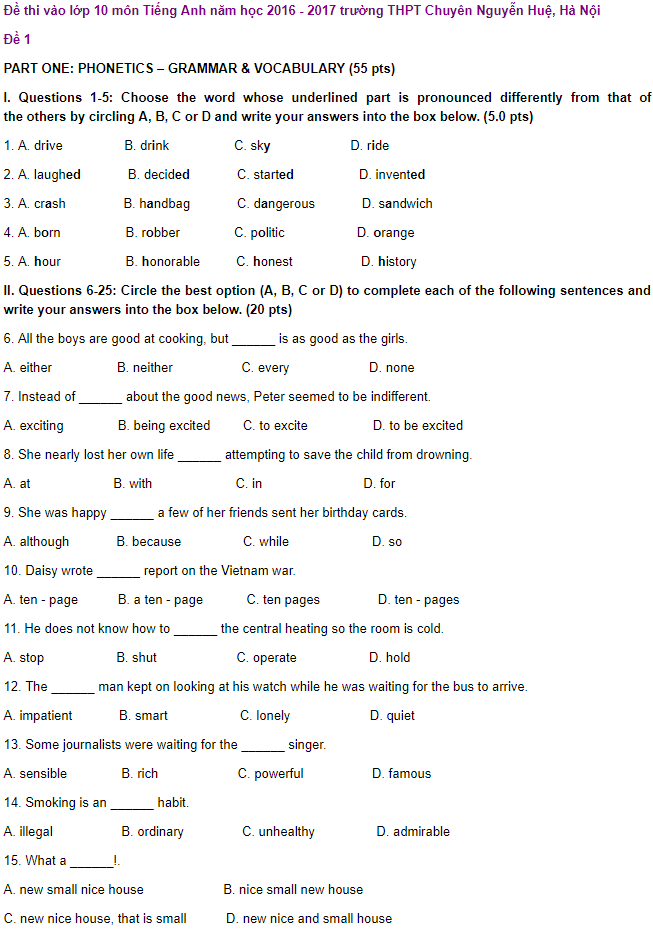 de thi tuyen sinh lop 10 mon anh 2