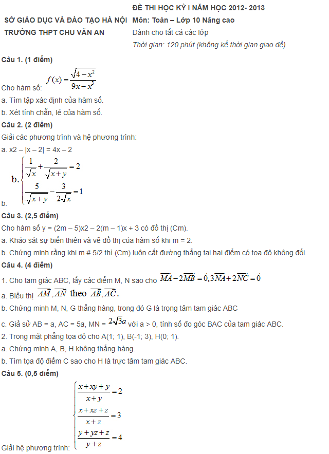 de-thi-hoc-ki-1-lop-10-mon-toan-thpt-chu-van-an-2012-2013