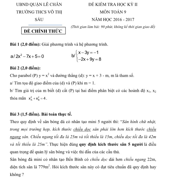 Đề thi học kì 2 môn Toán lớp 9