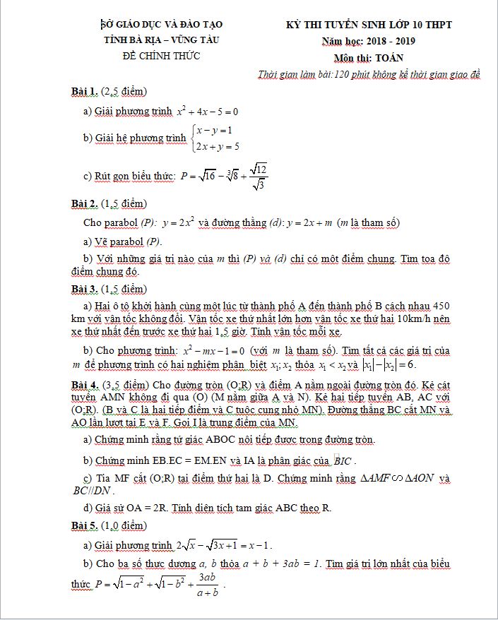 de thi tuyen sinh lop 10 mon toan nam 2018 2019 vung tau